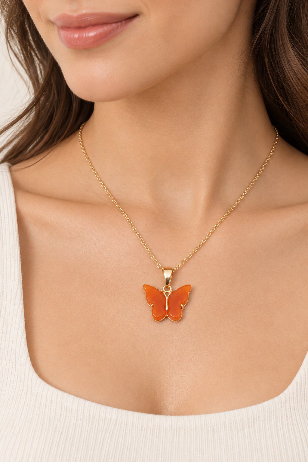 Papillon Zirkon Taşlı Kelebek Kolye – Turuncu