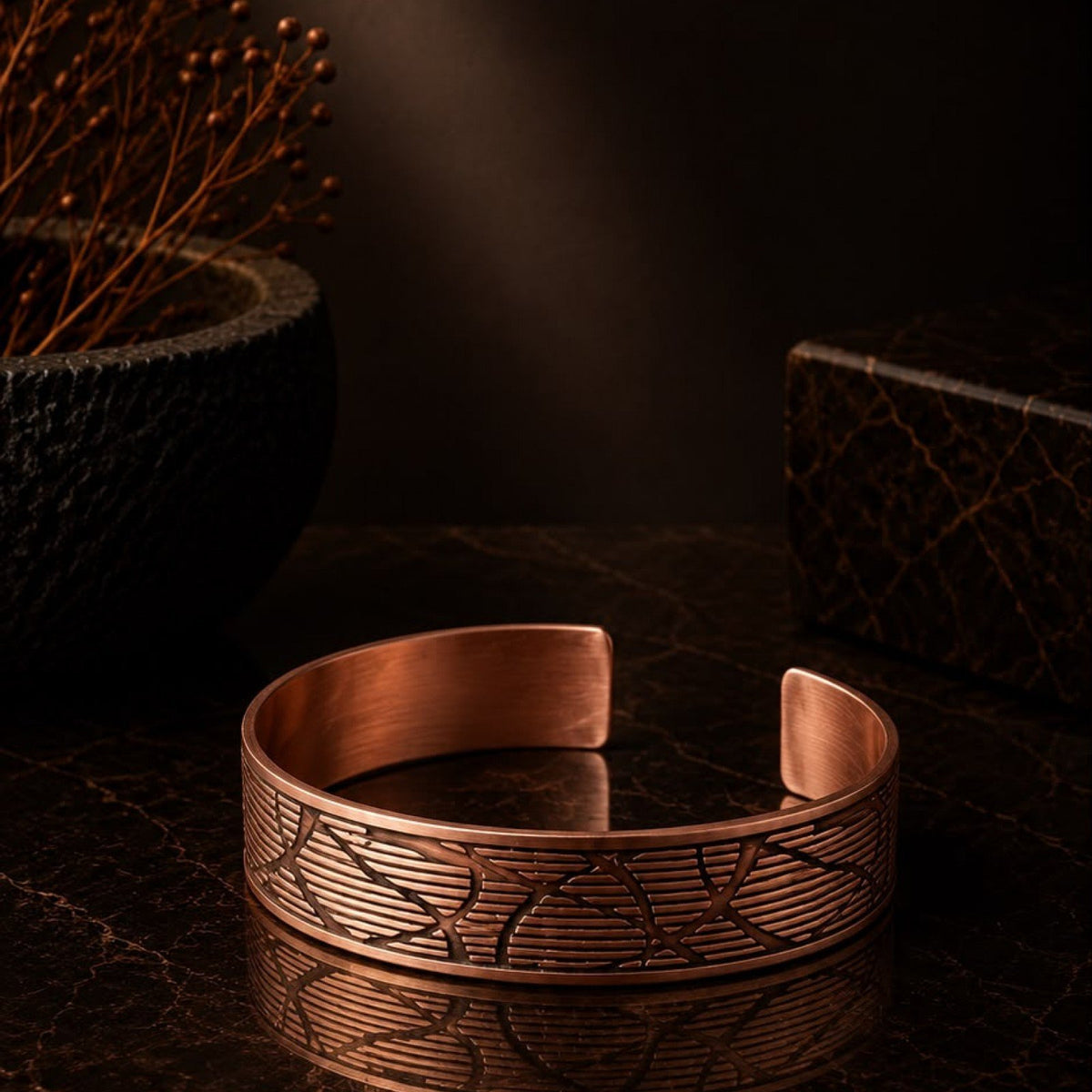 Art Deco Yelpaze Desenli Bakır Kelepçe Bileklik (Unisex)