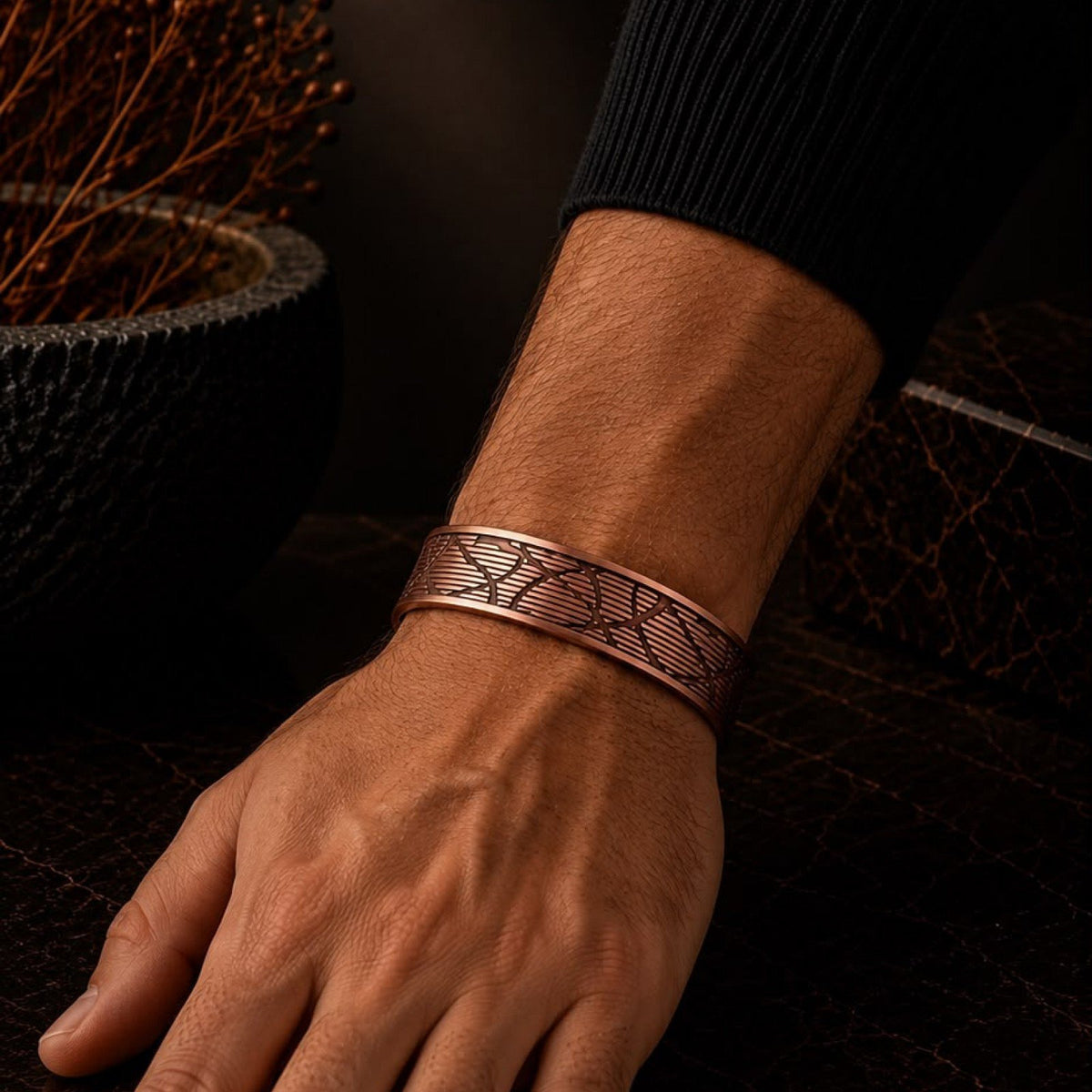 Art Deco Yelpaze Desenli Bakır Kelepçe Bileklik (Unisex)