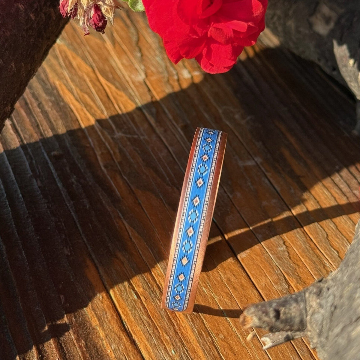 Ferah Mavi Etnik Desenli UV Baskılı Bakır Bileklik (Unisex)