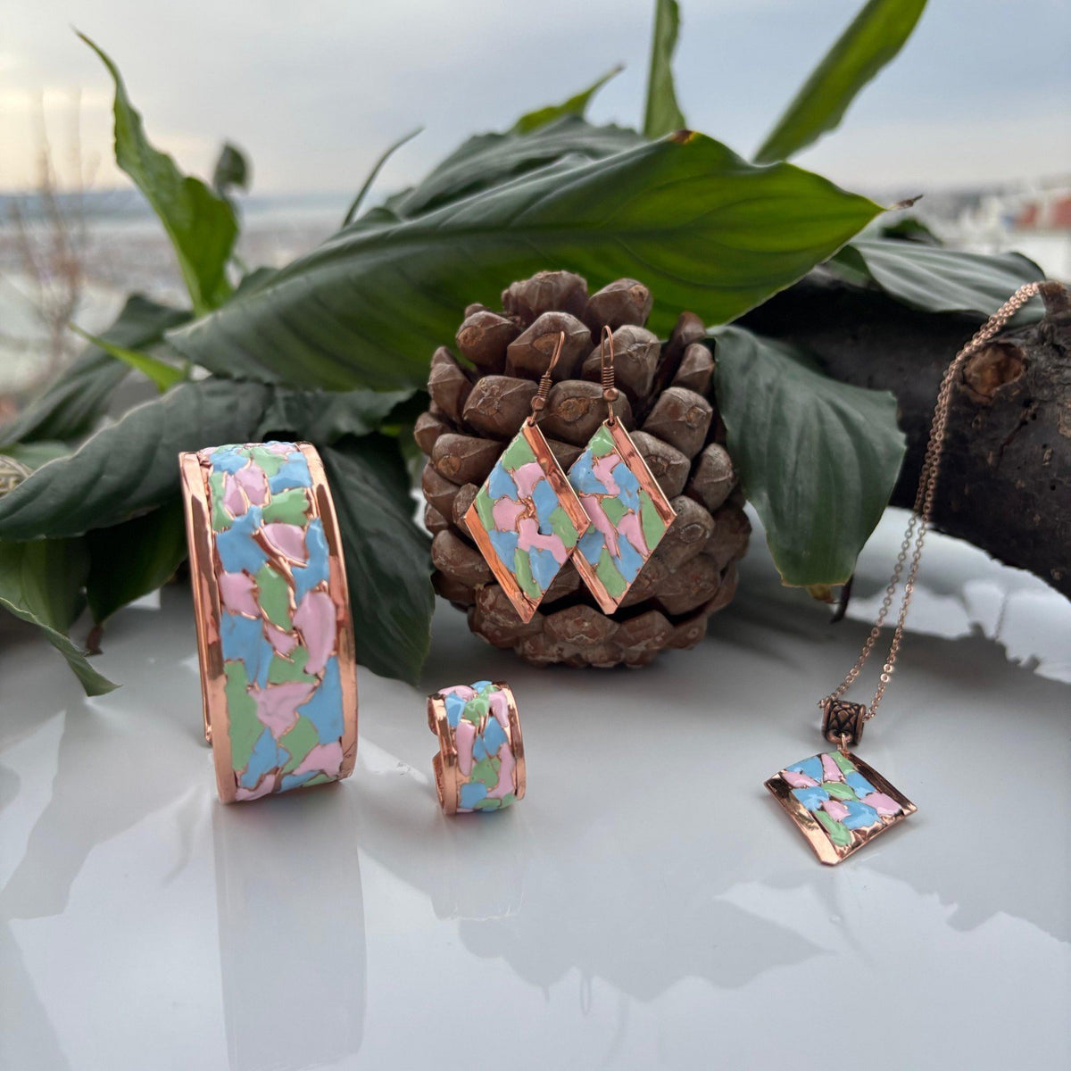 Pastel Pembe Mint Yeşili Mineli Bakır 4'lü Takı Seti