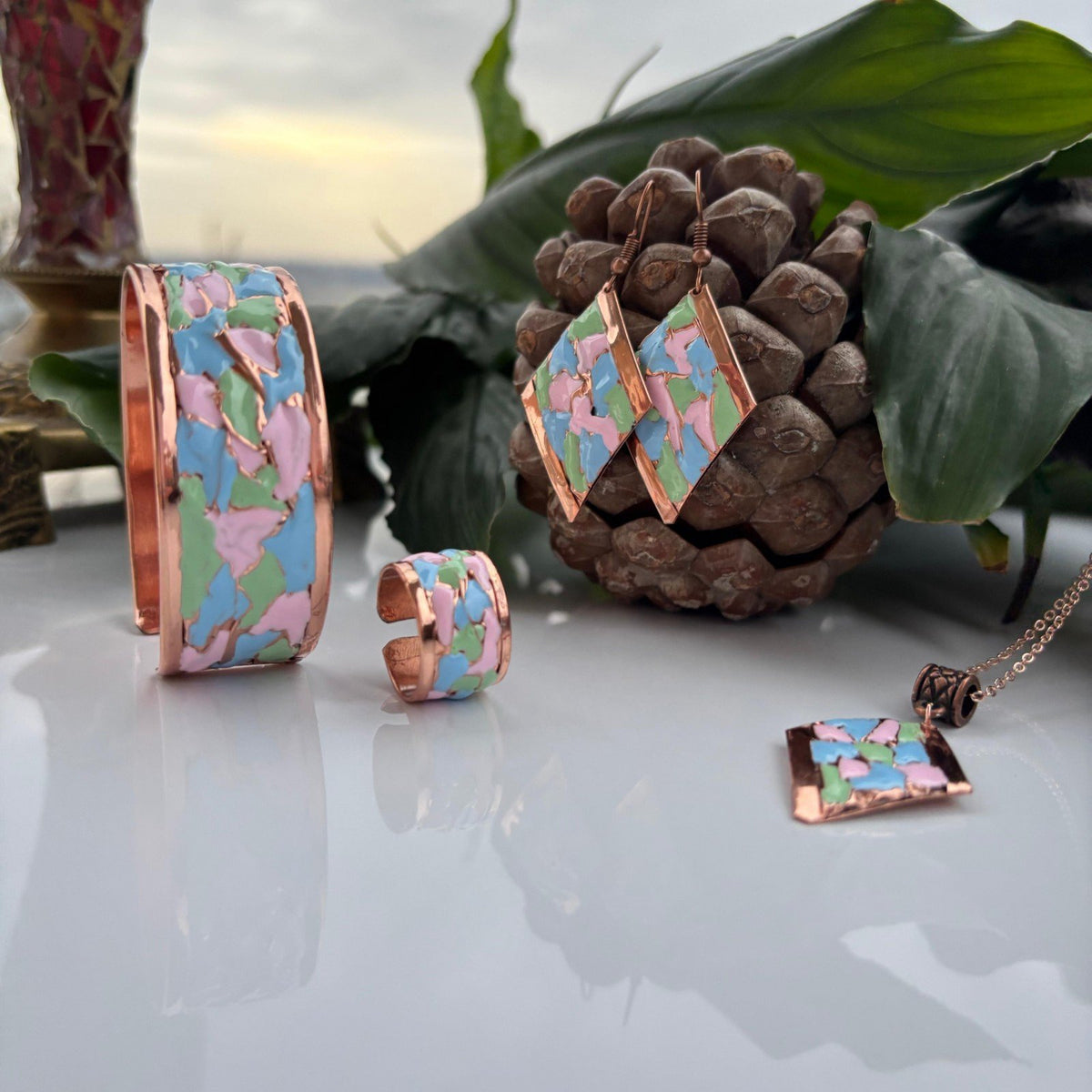Pastel Pembe Mint Yeşili Mineli Bakır 4'lü Takı Seti