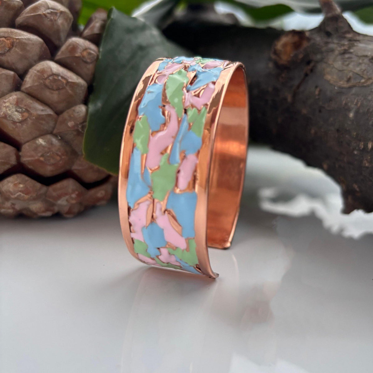 Pastel Pembe Mint Yeşili Mineli Bakır Bileklik