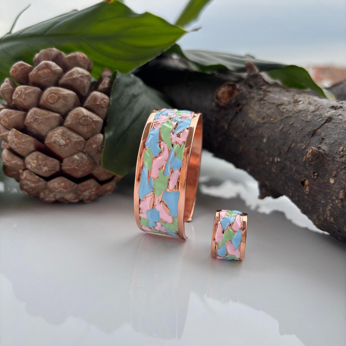 Pastel Pembe Mint Yeşili Mineli Bakır Bileklik ve Yüzük Seti
