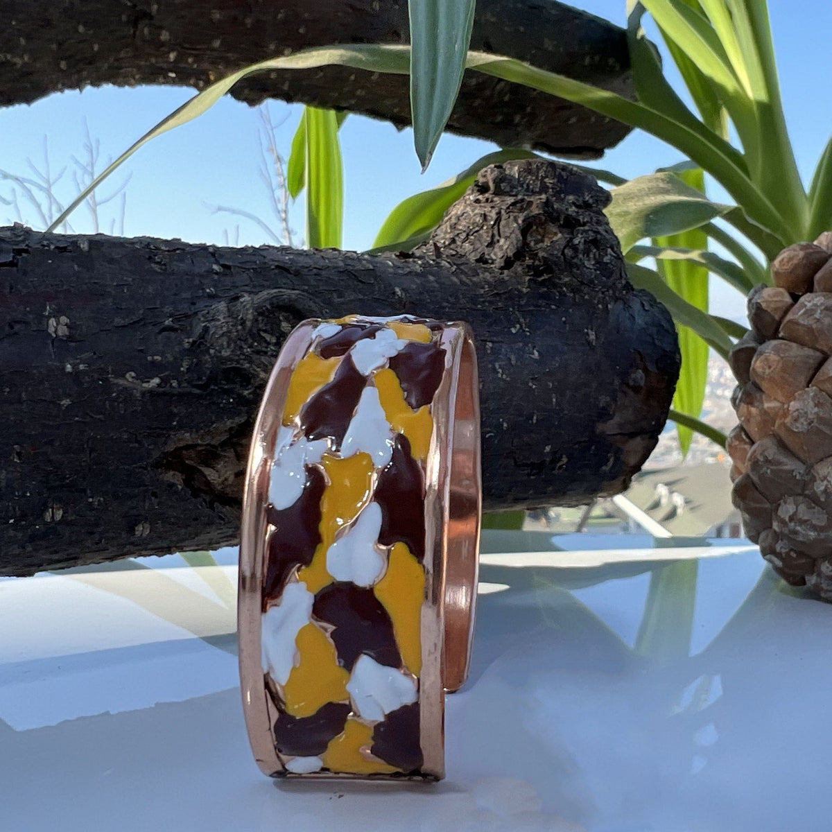 Toprak Sıcaklığı Sarı Bordo Mineli Bakır Bileklik