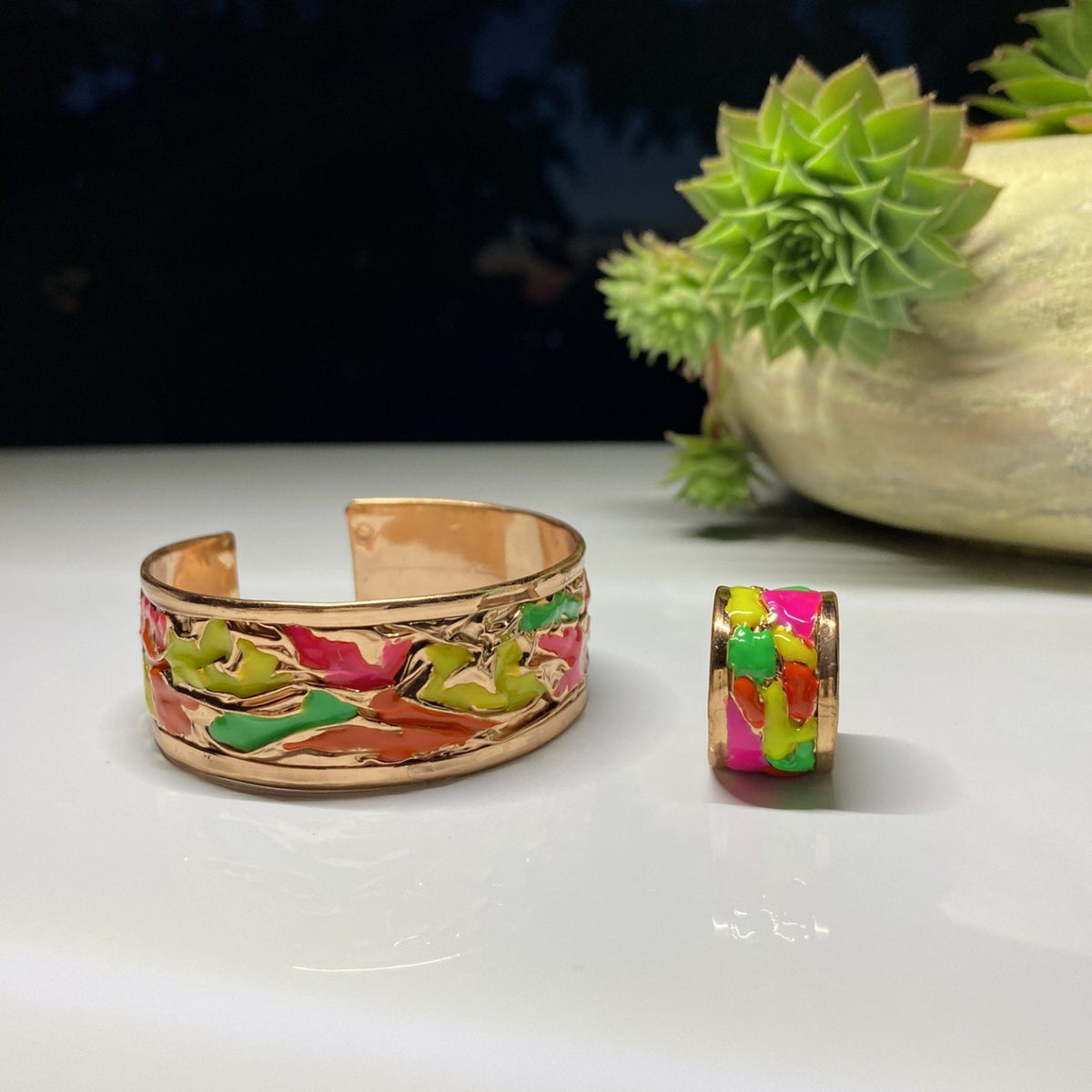 Turuncu Pembe Yeşil Sarı Mineli Bakır Bileklik ve Yüzük Seti
